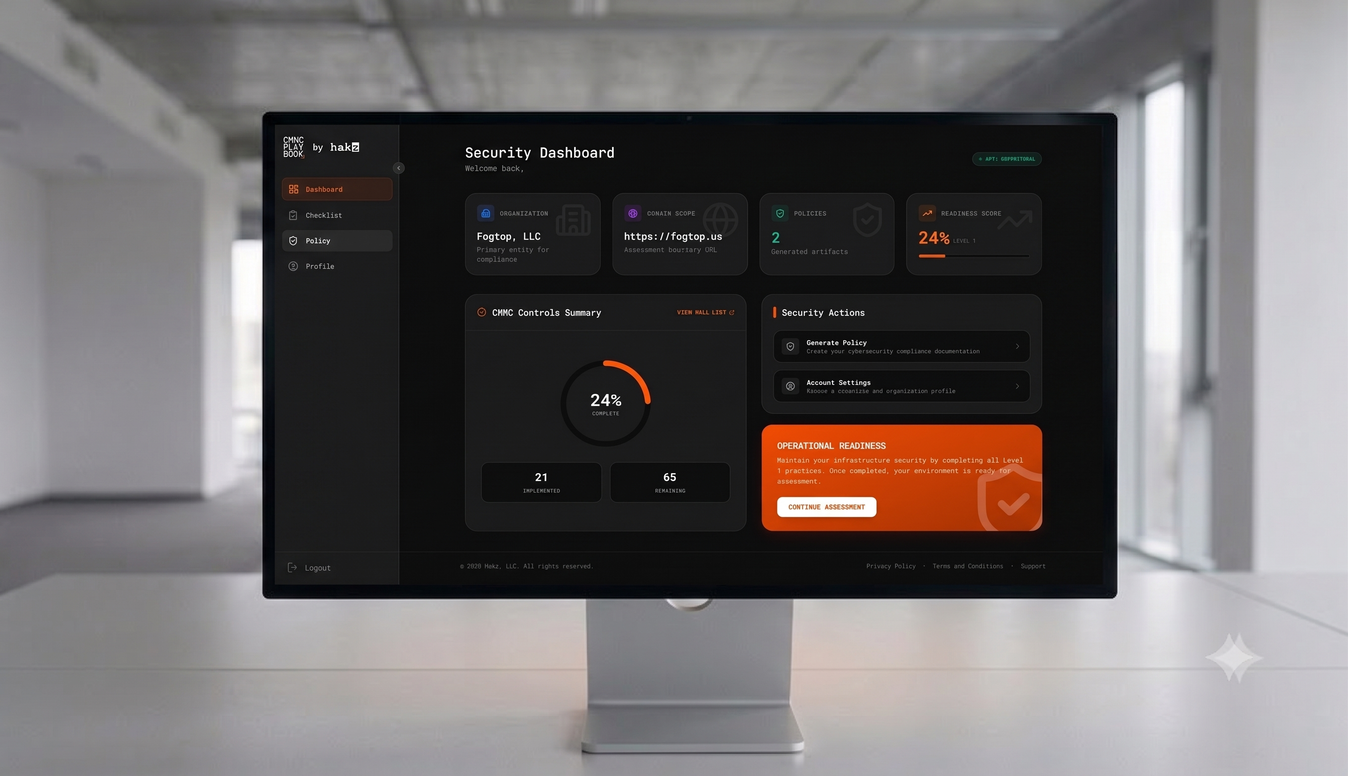 A clean, sophisticated UI dashboard showing the Hakz CMMC Playbook interface. The screen displays a hierarchical navigation tree on the left and a detailed control assessment view on the right. Dark mode aesthetics with hakz-orange progress indicators and high-contrast white text on a deep grey background. Professional cybersecurity software look.